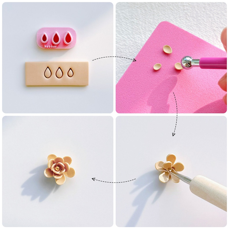 May include: A step-by-step guide on how to make a polymer clay flower. The first image shows a polymer clay mold with three teardrop shapes. The second image shows three teardrop shapes of polymer clay on a pink surface. The third image shows a polymer clay flower with a yellow center. The fourth image shows a polymer clay flower with a yellow center being shaped with a tool.