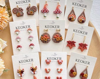 KEOKER Fall Polymer Clay Earrings, Pumpkin / Mushroom / Fox / Maple Leaf / Squirrel Clay Earrings, Handmade Earrings
