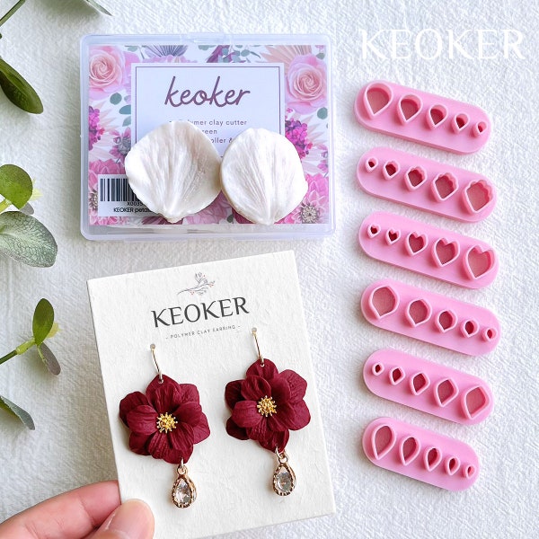 Keoker Flower Petal Clay Cutters - Flower Petals Clay Cutters for Earrings Making, 6 Shapes with Petal Press Polymer Clay Molds