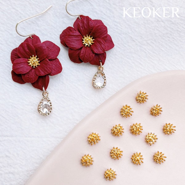 18K Gold Flower Center(10PCS),Flower Stamen Beads, Gold Plated Brass Charm,Polymer Clay Tools,Jewellery Findings, Earrings Charms