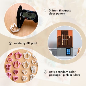 May include: A set of 3D printed cookie cutters in the shape of coffee pots and cups. The cutters are 0.4 mm thick and come in a pink or white package. The image shows a caliper measuring the thickness of one of the cutters, a 3D printer, and the cookie cutters themselves.