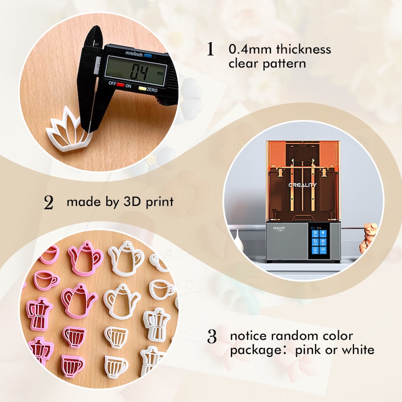 May include: A set of 3D printed cookie cutters in the shape of coffee pots and cups. The cutters are 0.4 mm thick and come in a pink or white package. The image shows a caliper measuring the thickness of one of the cutters, a 3D printer, and the cookie cutters themselves.