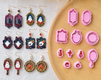 KEOKER Vintage Style Halloween Clay Cutters, 11 Shapes Halloween Clay Cutters for Polymer Clay Jewelry, Vintage Frame Polymer Clay Cutters