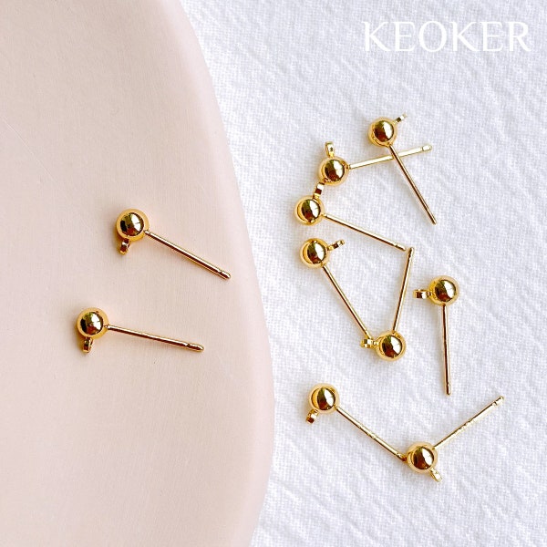 KEOKER S925 Silver Post 14K Gold Filled Earring Post(10PCS), Earring Stud Ball with Closed Ring 4mm, Ball Shape Earring Connector