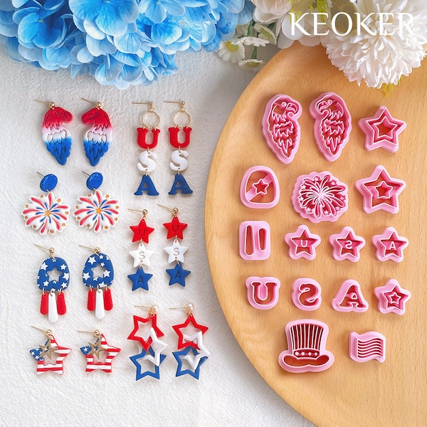 KEOKER 16 Pcs 4th of July Polymer Clay Cutters, Independence Day Clay Earring Cutters,  Stars Clay Cutters for Earrings