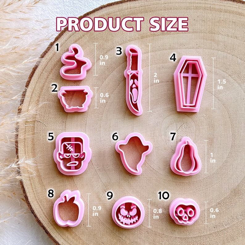 May include: Pink Halloween-themed cookie cutters in various shapes, including a cauldron, ghost, pumpkin, and Frankenstein's monster. The image includes the text "PRODUCT SIZE" and measurements in inches. The knife cutter is 2 inches long.