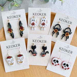 KEOKER Halloween Polymer Clay Earrings, Bat/Ghost Cat/Spider/Skull/Black Cat/Poison Apple Clay Earrings, Handmade Earrings