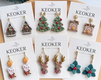 KEOKER Weihnachten Ohrringe aus Polymer Clay, Winter Ohrringe aus Polymer Clay, Weihnachtsbaum/ Iglu/ Kamin/ Kerzen/ Rentier/ Holly Ohrringe