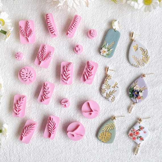 KEOKER Plant Clay Stamps (17 PCS), Clay Stamp for Polymer Clay Jewelry Making, Work with Polymer Clay Cutter, Spring Clay Cutter Stamps