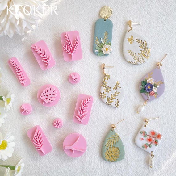 KEOKER Plant Clay Stamps, Clay Stamp for Polymer Clay Jewelry Making, Work with Polymer Clay Cutter, Spring Clay Cutter Stamps