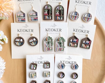 KEOKER Bücherregal Polymer Clay Ohrringe, Bücherregal Clay Ohrstecker, Back to School, Statement Ohrringe, handgemachte Ohrringe