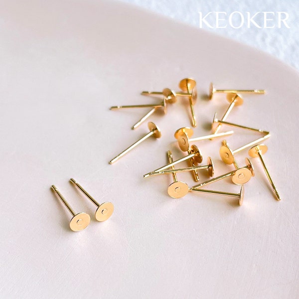 KEOKER 14K Gold Filled 4mm Flat Pad Earring Post (20PCS), Ear Stud no Stopper, Flat Pad Earring Component, Stud Making Supplies