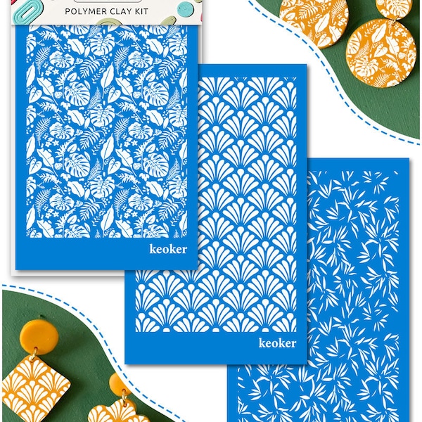 KEOKER Silk Screen Stencils for Polymer Clay, 3 PCS Reusable Silkscreen Print Kit