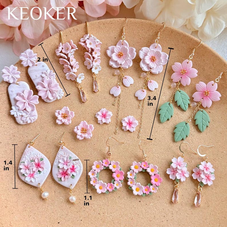KEOKER Cherry Blossom Polymer Clay Earrings, Floral Clay Earrings, Handmade Earrings, Statement Earrings image 12