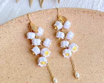 KEOKER Boucles d'oreilles de mariage Lily of The Valley, boucles d'oreilles orchidée cloche, boucles d'oreilles de mariée pour le jour du mariage, longues boucles d'oreilles de mariée