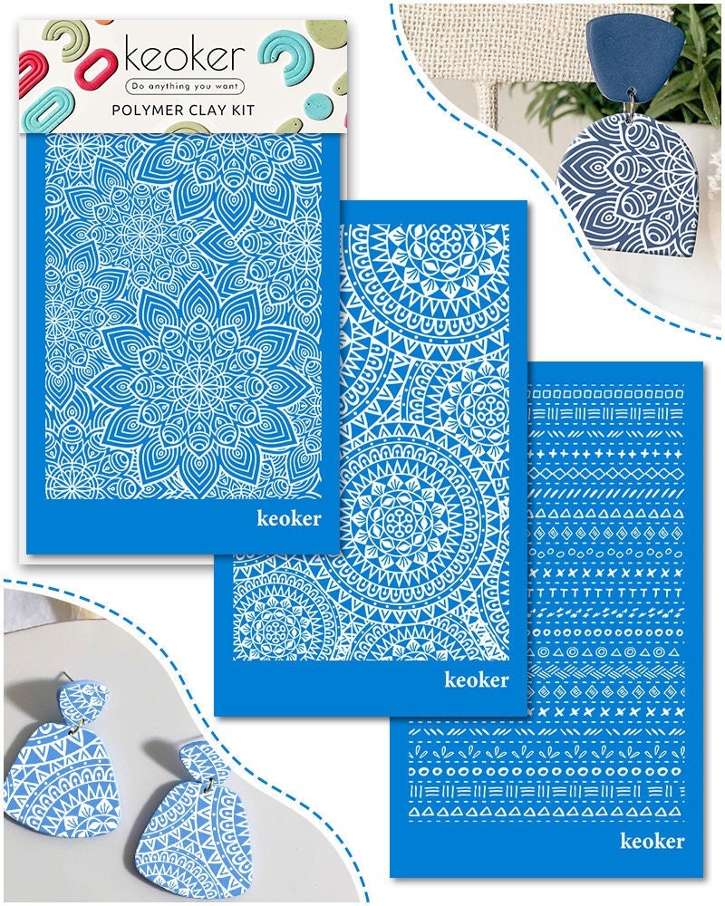 Keoker Boho Silk Screen Stencils for Polymer Clay, 3PCS Aztec Silk