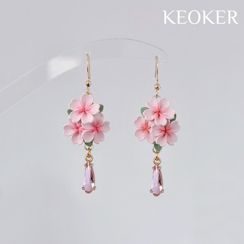 KEOKER Cherry Blossom Polymer Clay Earrings, Floral Clay Earrings, Handmade Earrings, Statement Earrings #5-1pair