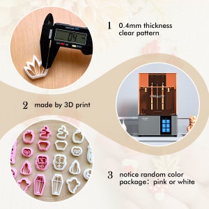 May include: A collection of pink and white cookie cutters in various shapes, including apples, ghosts, and pumpkins. The image also shows a digital caliper measuring a white cutter, a 3D printer, and text that reads "0.4mm thickness clear pattern."