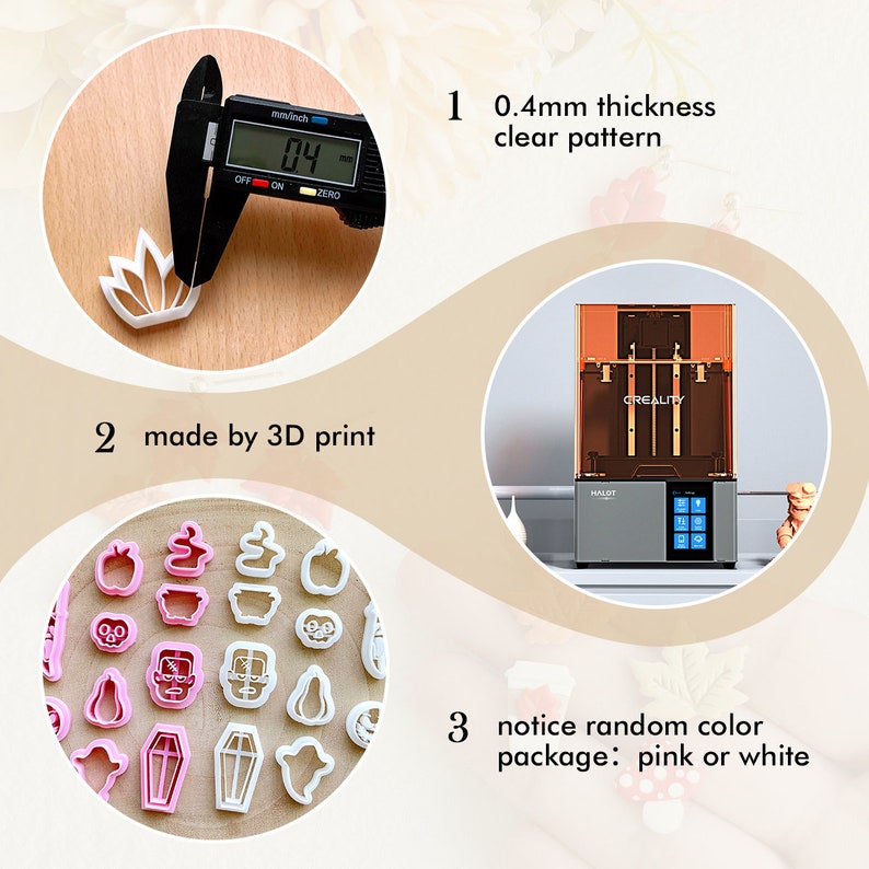 May include: A collection of pink and white cookie cutters in various shapes, including apples, ghosts, and pumpkins. The image also shows a digital caliper measuring a white cutter, a 3D printer, and text that reads "0.4mm thickness clear pattern."