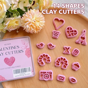 Keoker Polymer Clay Cutters Valentines Day, Valentines Polymer Clay Cutters for Earrings Making, 14 Shapes Valentines Earring Clay Cutters