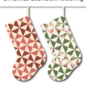 以下が含まれることがあります： 幾何学模様のクリスマス用カウントダウンストッキングが2つ。1つは赤とクリーム色、もう1つは緑と花柄です。「Christmas Countdown Stocking」の文字がストッキングの上に表示されています。「COOPER & FRED」のブランド名が下にあります。