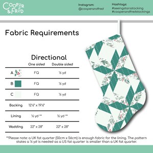 以下が含まれることがあります： 生地の要件が記載されたクリスマスストッキングのパターン。ストッキングは、白とティール色の幾何学模様で、赤いベリーと緑の葉のアクセントが特徴です。テキストには、cmとヤードの生地の測定値が含まれています。