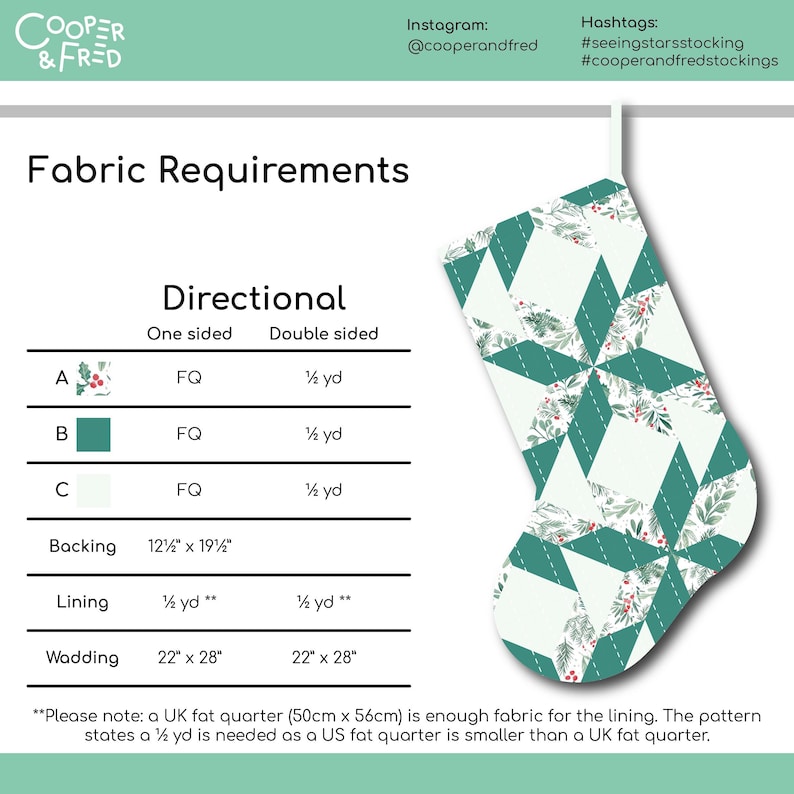 以下が含まれることがあります： 生地の要件が記載されたクリスマスストッキングのパターン。ストッキングは、白とティール色の幾何学模様で、赤いベリーと緑の葉のアクセントが特徴です。テキストには、cmとヤードの生地の測定値が含まれています。