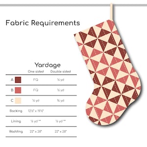 以下が含まれることがあります： クリスマスストッキングのパターンと生地の要件。ストッキングのデザインは、赤、クリーム、茶色の幾何学模様が特徴です。生地の要件には、裏地、裏地、中綿の寸法がcmで記載されています。
