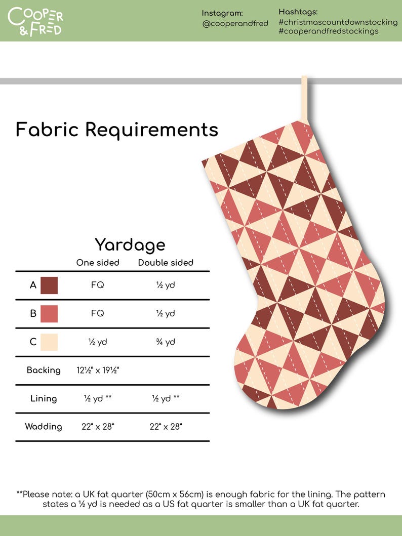 以下が含まれることがあります： クリスマスストッキングのパターンと生地の要件。ストッキングのデザインは、赤、クリーム、茶色の幾何学模様が特徴です。生地の要件には、裏地、裏地、中綿の寸法がcmで記載されています。