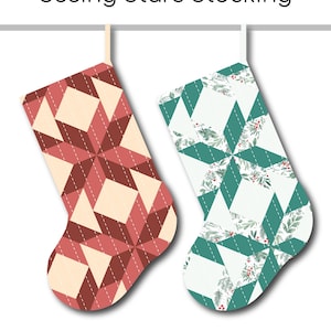 以下が含まれることがあります： 幾何学的な星模様のクリスマスストッキング2つ。1つは赤とクリーム色、もう1つはティールと白のフローラルデザインです。「Seeing Stars Stocking」の文字がストッキングの上にあります。難易度は初心者です。
