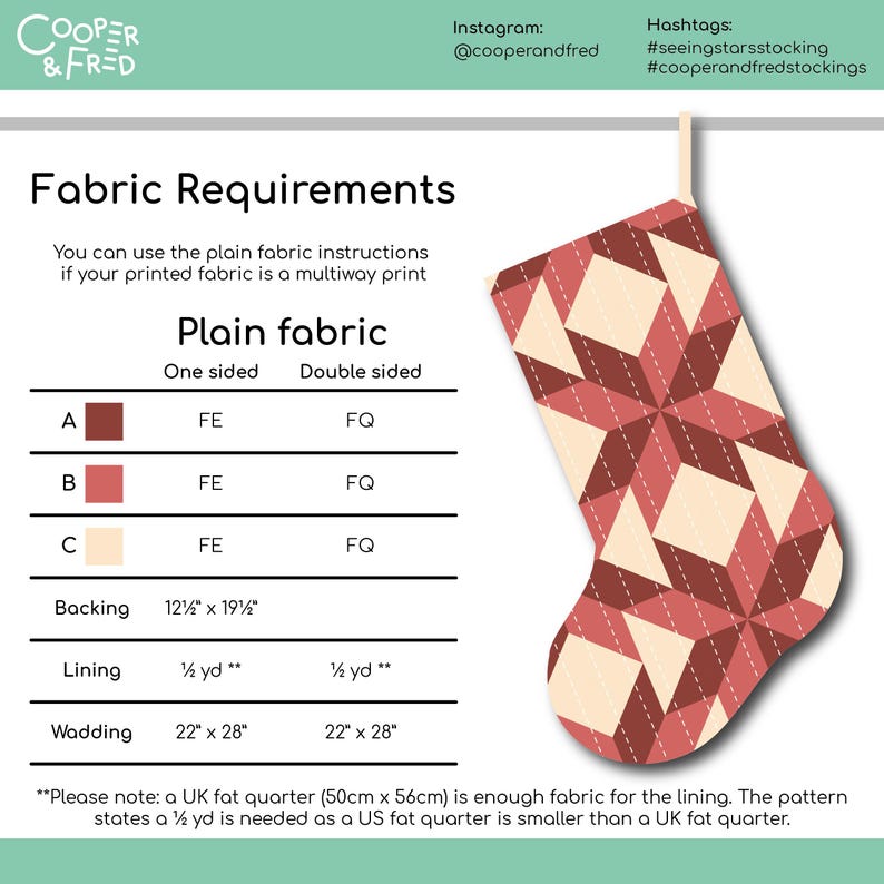 以下が含まれることがあります： 赤、クリーム、茶色の幾何学模様のクリスマスストッキング。生地の要件が記載されており、裏地は31.75cm x 49.5cm、詰め物は56cm x 71cmです。「Fabric Requirements」と「COOPER & FRED」の文字が含まれています。