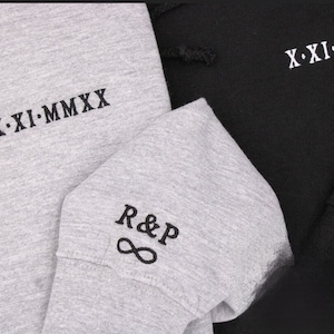 Embroidered Couple Pullover Hoodie Sweatshirt / Anniversary Roman Date / Personalized Gift / Initials / Engagement / Birthday image 4