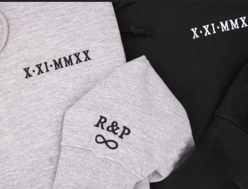 Embroidered Couple Pullover Hoodie Sweatshirt / Anniversary Roman Date / Personalized Gift / Initials / Engagement / Birthday image 4