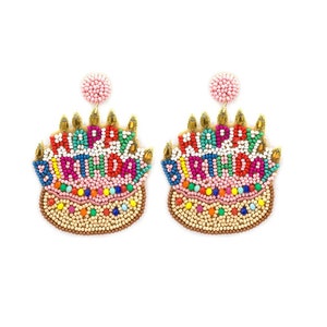 Birthday Earrings Beaded Happy Birthday Earrings Dangle Long Earrings, Pink Birthday Cake Earring Best Friend Gift Birthday Gift for Her