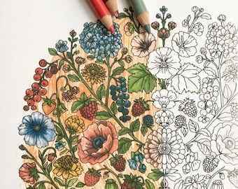 Cottage Garden Coloring Page, Printable Hand-Drawn Botanical Design, Instant Download PDF, US Letter & A4