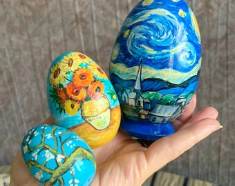 Easter hand painted  eggs, set of 3 nesting eggs, Van Gogh easter eggs