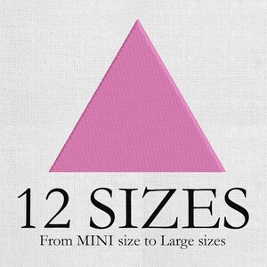 May include: A pink triangle design with the text "12 SIZES" and "From MINI size to Large sizes" in black font, set against a white textured background. The image highlights the availability of the design in various sizes.