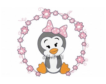 Cute Penguin Embroidery Design with Flowers (Digital Download)