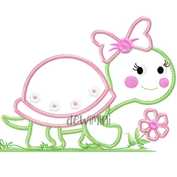 Cute Turtle Girl applique embroidery design, Animal embroidery, Baby girl embroidery file, Female turtle design, 5 Sizes