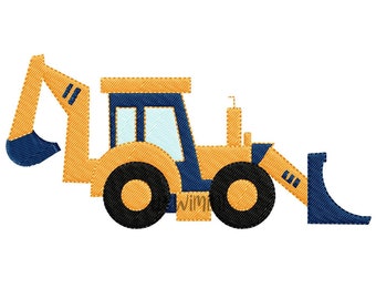 Puede incluir: Un juguete excavador amarillo con una cabina azul y una pala negra. El excavador tiene un neumático delantero negro y un neumático trasero negro.
