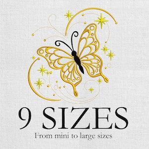 May include: A golden butterfly design with intricate details, surrounded by stars and swirls, is featured on a white background. The text "9 SIZES" is displayed below the butterfly, with the phrase "From mini to large sizes" underneath.