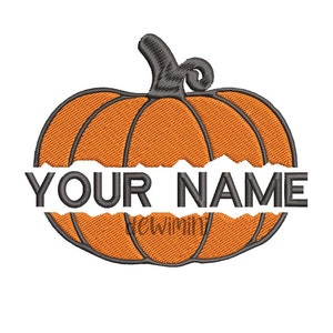 May include: An orange pumpkin with a black outline and a stem. The pumpkin is split open to reveal the text "YOUR NAME" in black.