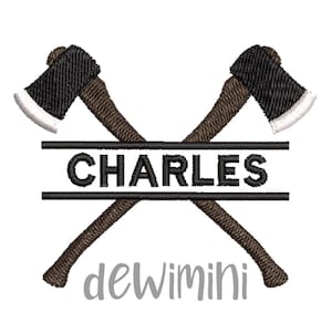 May include: A split monogram design featuring two crossed axes with the name "CHARLES" in black text on a white background. The text "dewimini" is in gray text below the axes.