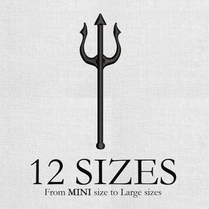 May include: Black trident design with a central spear and two curved prongs, set against a white textured background. The text "12 SIZES" is below the trident, with "From MINI size to Large sizes" underneath.