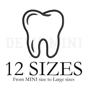 May include: A black outline of a molar tooth on a white background. Below the tooth, the text reads "12 SIZES" and "From MINI size to Large sizes". The image is a simple, clean design.