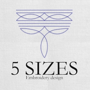 May include: An embroidery design in blue, featuring geometric patterns and a stylized floral element. The text "5 SIZES" and "Embroidery design" are displayed in black. The design is set against a white, textured background.