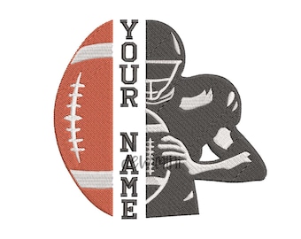 May include: A black and white silhouette of a football player holding a football, with a brown and white football on the left side of the image. The text "YOUR NAME" is printed vertically on the right side of the image.
