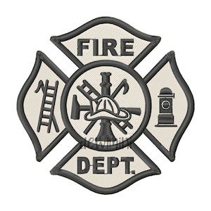 May include: A black and white embroidered patch with a fire department logo. The logo features a cross with the words "FIRE DEPT." and a circle in the center with a firefighter's helmet, axe, ladder, and hose.