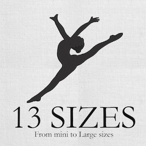 May include: Black silhouette of a dancer in mid-leap against a white background. The image includes the text "13 SIZES" and "From mini to Large sizes". The dancer's arms are outstretched, and one leg is extended in a split.