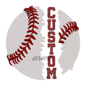 May include: A white baseball with red stitching is split in half, with the word "CUSTOM" in red letters filling the space.